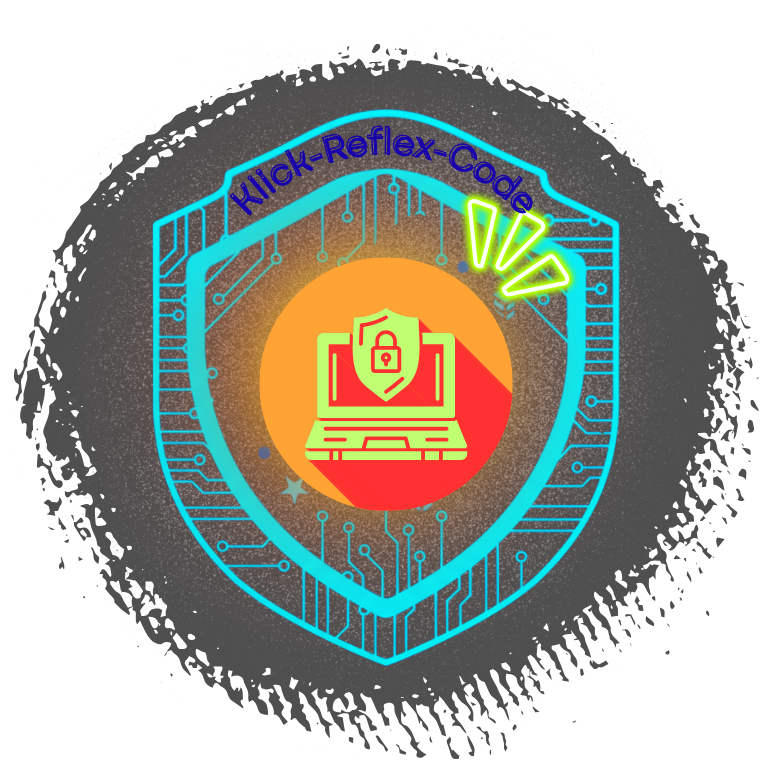ein neon blaues wappen auf schwarzen hintergrund, in der mitte befindet sich ein orangenes logo mit einen pc mit ein schlosssymbol darau